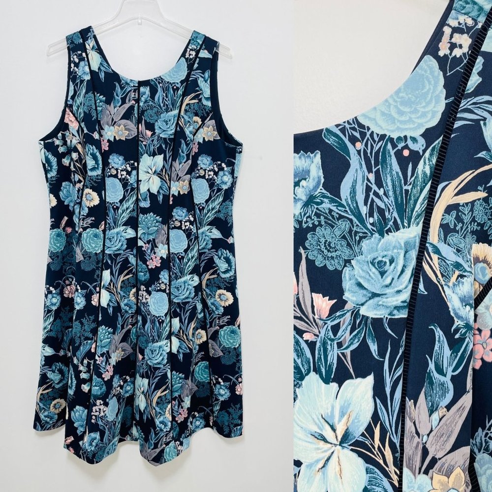 White House Black Market Women's Dress 22W Blue Floral Midi Sleeveless A-Line